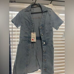 Zara Light Blue Denim Button-Front Dress